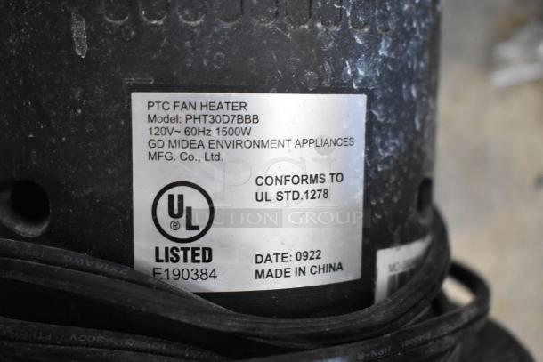 Label on PHT30D7BBB fan heater, 120V, 1500W, GD Midea. UL listed, conforms to UL STD.1278, made in China, date 0922.