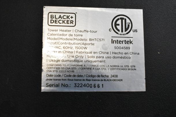 Black & Decker BHTC571 Tower Heater label detailing 120V, 60Hz, 1500W specs, ETL certification, and serial number 322400661.