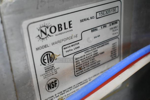 Noble Wareforce I-E dishwasher label, showing model, serial number 15E305156, ETL and NSF certifications, and specifications.