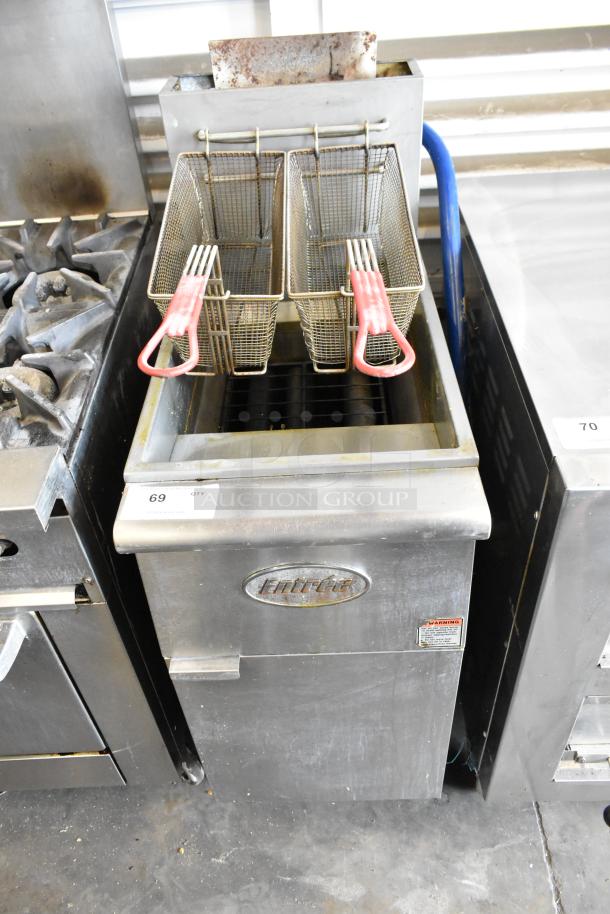 Entree F3-N Stainless Steel Commercial Fryer, natural gas, 90,000 BTU, two metal baskets, visible brand tag.