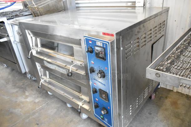 Bakers Pride EP-2-2828 SuperDeck stainless steel commercial pizza oven, 2-deck, broken stones, 208V, 1 Phase, control panel view.