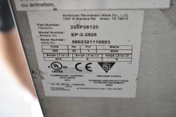 Bakers Pride EP-2-2828 SuperDeck commercial pizza oven label, 208 volts, 1 phase, UL listed, model and serial numbers visible.