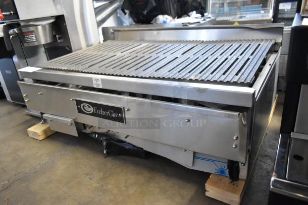 EmberGlo Stainless Steel Commercial Countertop Charbroiler Grill in good condition, features durable grill top and branded front panel.