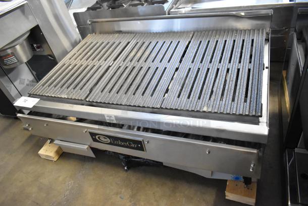 EmberGlo Stainless Steel Commercial Countertop Charbroiler Grill, featuring durable grates, in used condition. Model info visible.