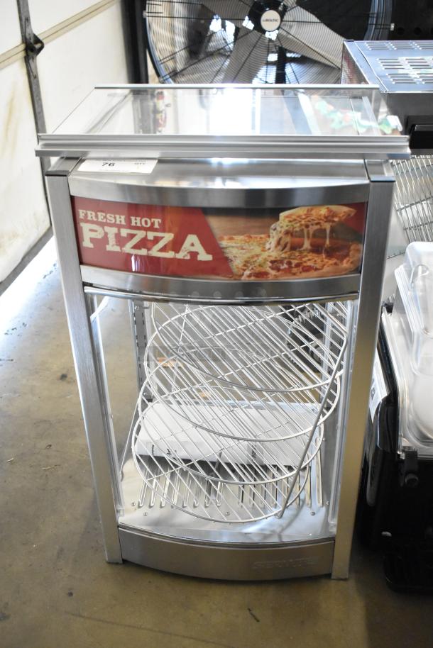 Brand new ServIt 423PDW12D1 stainless steel pizza warmer with 4-shelf rotating rack, "Fresh Hot Pizza" sign, 120V, 1 phase.