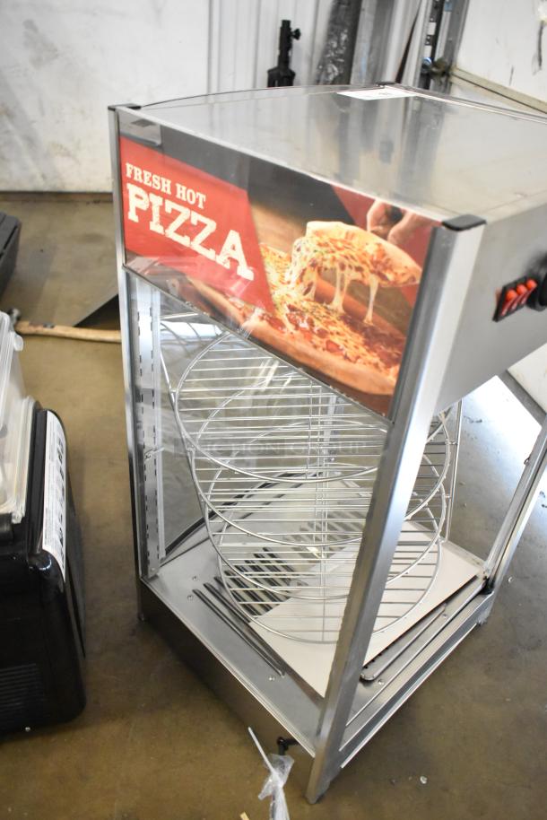 Brand new ServIt 423PDW12D1 stainless steel 12" pizza warmer, 4-shelf rotating rack, "Fresh Hot Pizza" display, 120V.