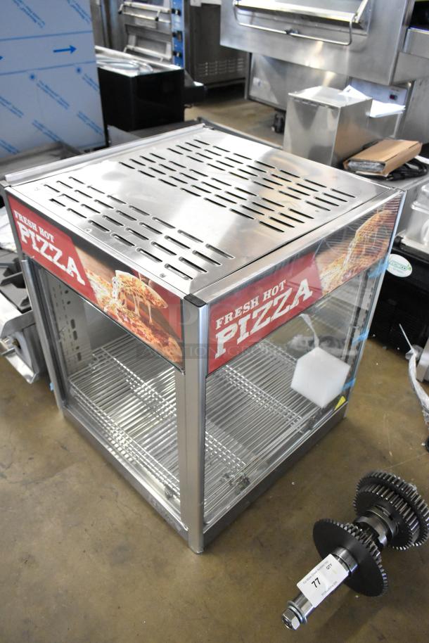 Brand new ServIt 423PDW18D2S stainless steel countertop display warmer with 4 shelves. 120 volts, 1 phase, with "Fresh Hot Pizza" signage.