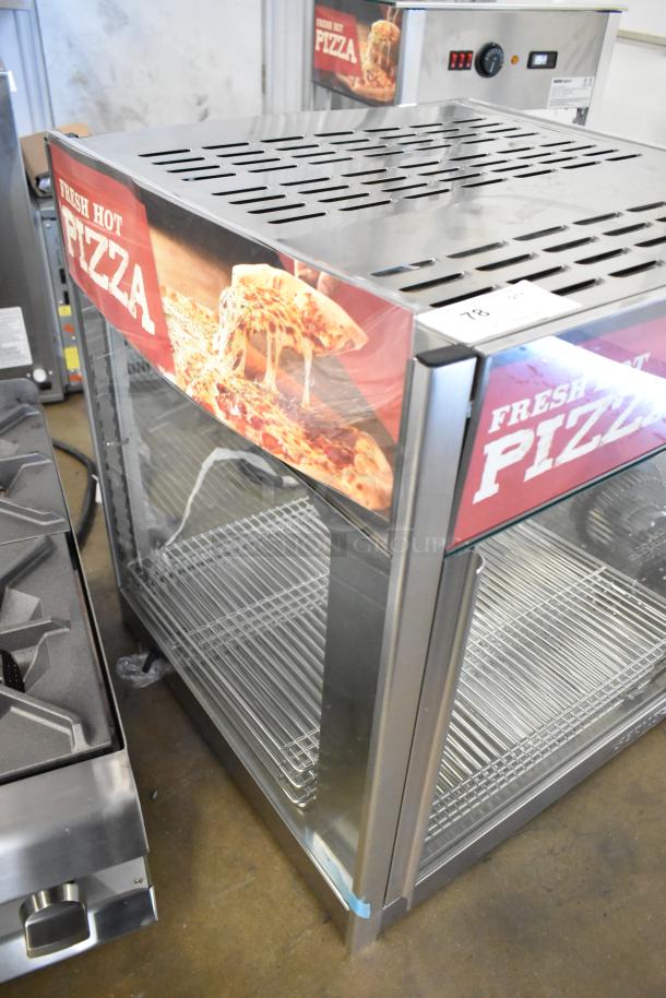 Brand new ServIt 423PDW18D2S stainless steel display warmer, 18" with 4 shelves, "Fresh Hot Pizza" signage, 120V, 1 Phase.