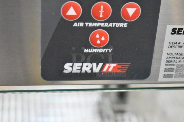 ServIt stainless steel display warmer control panel showing temperature and humidity settings, model 423PDW18D2S.