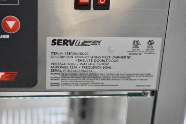 ServIt 423PDW18D2S Self-Service Display Warmer, stainless steel, 18", 4 shelves, 120V, new condition, label shows specs.