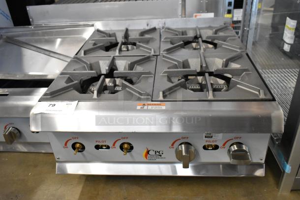 Brand new Cooking Performance Group CPG 351RCPG24NL stainless steel 4-burner gas hot plate, 88,000 BTU, minor scratches.