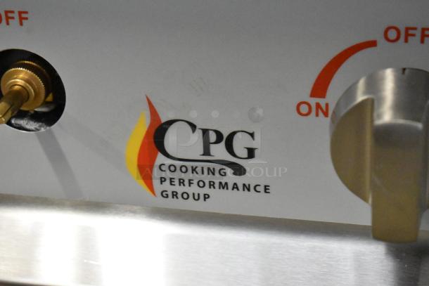 "Cooking Performance Group CPG 351RCPG24NL control panel with flame logo, showing stainless steel design and on/off dial."
