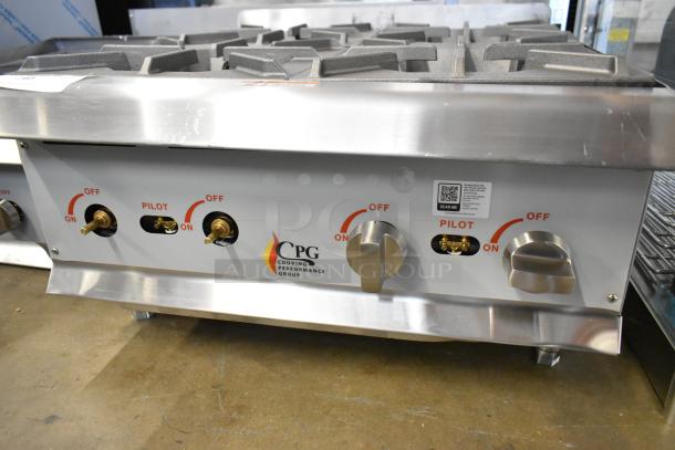 Brand new 2025 Cooking Performance Group CPG 351RCPG24NL stainless steel 4-burner gas hot plate, 88,000 BTU.