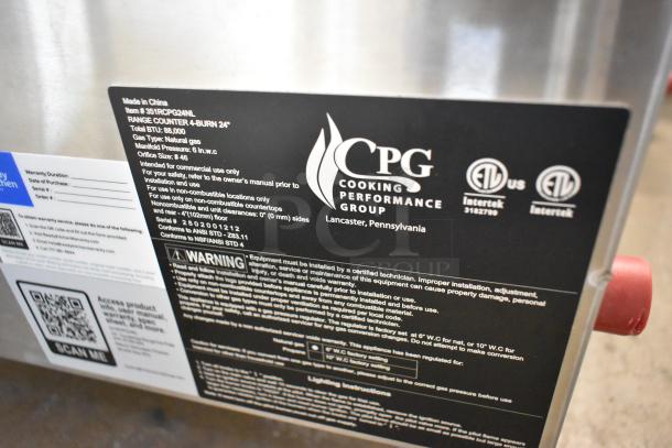 Stainless steel Cooking Performance Group 4 burner gas range model 351RCPG24NL. 88,000 BTU, ETL-certified. New with label.