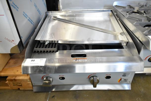 BRAND NEW Cooking Performance Group 351CRCPG24NL 24" Stainless Steel Gas Charbroiler. Missing grates. 80,000 BTU, knobs labeled.