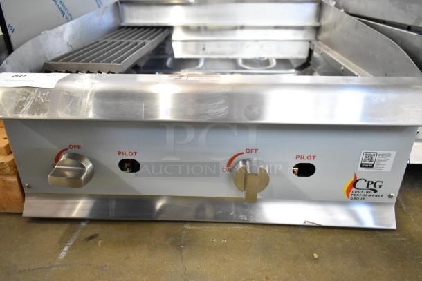 Stainless steel Cooking Performance Group 351CRCPG24NL charbroiler, 24" countertop gas model, 80,000 BTU, missing grates.