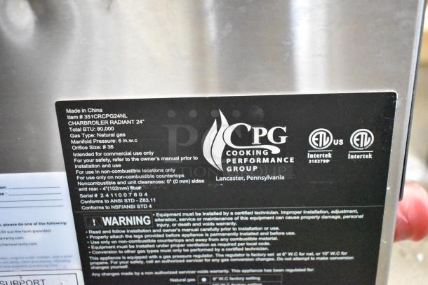 BRAND NEW 2025 CPG 351CRCPG24NL 24" Stainless Steel Gas Countertop Radiant Charbroiler, 80,000 BTU, missing grates.