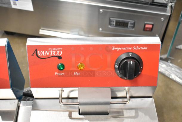 Avantco 177F102 Dual Tank Fryer, stainless steel, 20 lb. capacity, electric, 2 baskets, temperature controls, brand new.