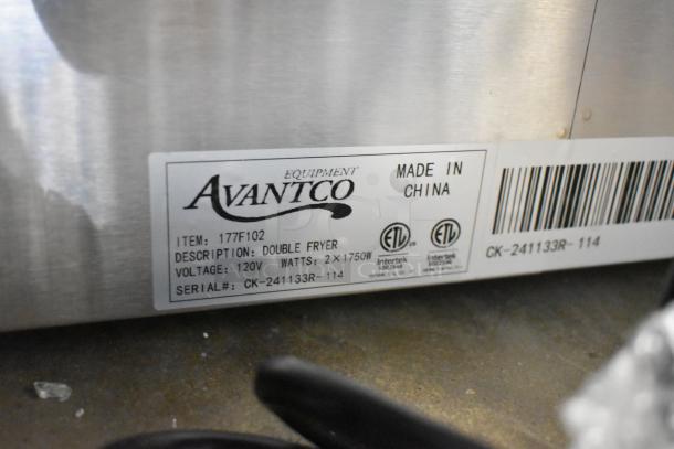 Label on Avantco 177F102 stainless steel fryer shows model, voltage 120V, made in China, ETL certification, serial number.