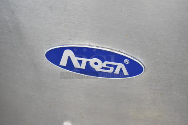 2018 Atosa MPF8202GR stainless steel pizza prep table, commercial casters, 115 Volts, 1 Phase, Atosa logo visible.