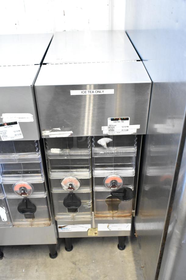 Bunn ICDD-3 Stainless Steel Reservoir Stand, features iced tea and coffee dispensers, "ICE TEA ONLY" label, good condition.