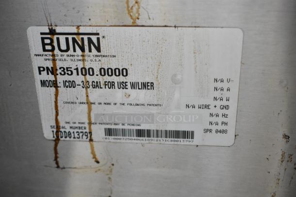 Bunn ICDD-3 Stainless Steel Reservoir Stand label, model ICDD-3, showing capacity, serial number, and patent details.