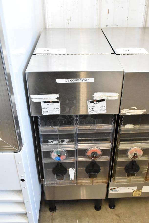 Bunn ICDD-3 Stainless Steel Reservoir Stand with dual dispensers. "Ice Coffee Only" label. Features clear compartments and control knobs.