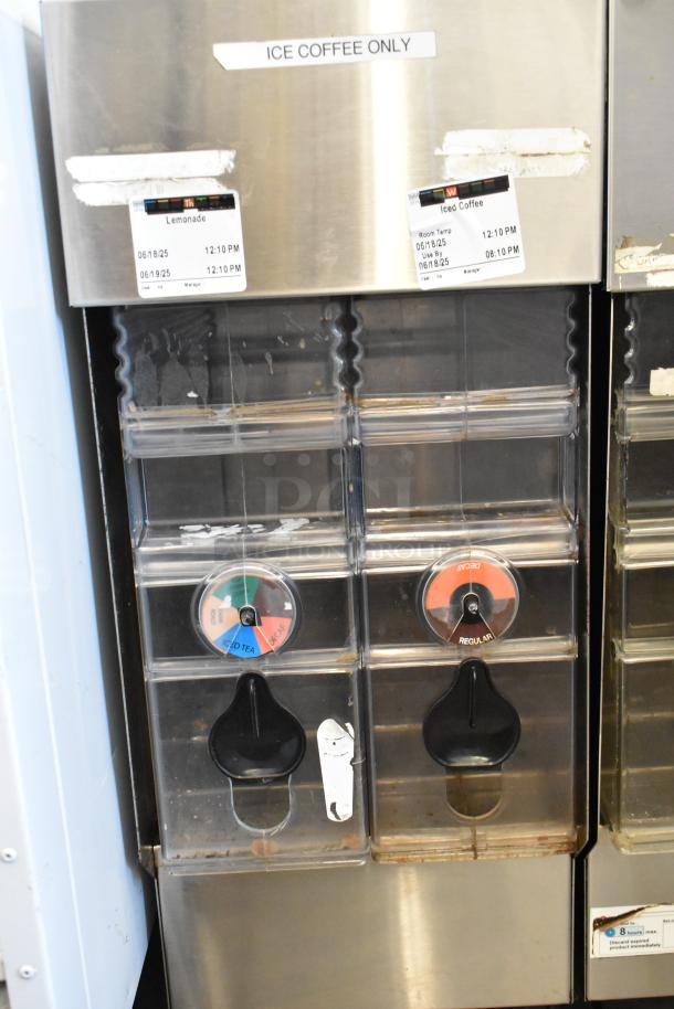 Bunn ICDD-3 Stainless Steel Reservoir Stand with dual compartments, labeled "Ice Coffee Only." Used condition with visible labels.
