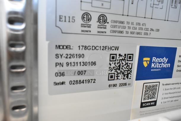 Avantco 178GDC12FHCW commercial cooler label, showing model number and warranty info. Features QR code for Ready Kitchen.
