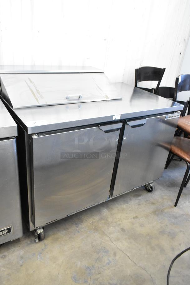 Beverage Air SPE48C stainless steel prep table, bain marie mega top, on commercial casters. 115 Volts, 1 Phase.