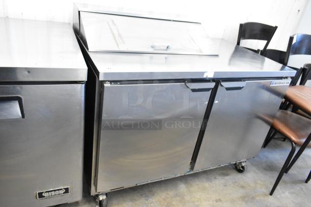 Beverage Air SPE48C stainless steel sandwich prep table, mega top, on casters, 115V, 1 phase, commercial use.