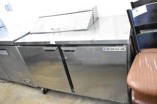Beverage Air SPE48C stainless steel sandwich prep table with bain marie top, commercial casters, 115 volts.