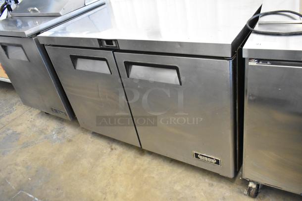 Bison MGF8402 stainless steel 2 door undercounter cooler on casters, 115 volts, 1 phase, commercial-grade.