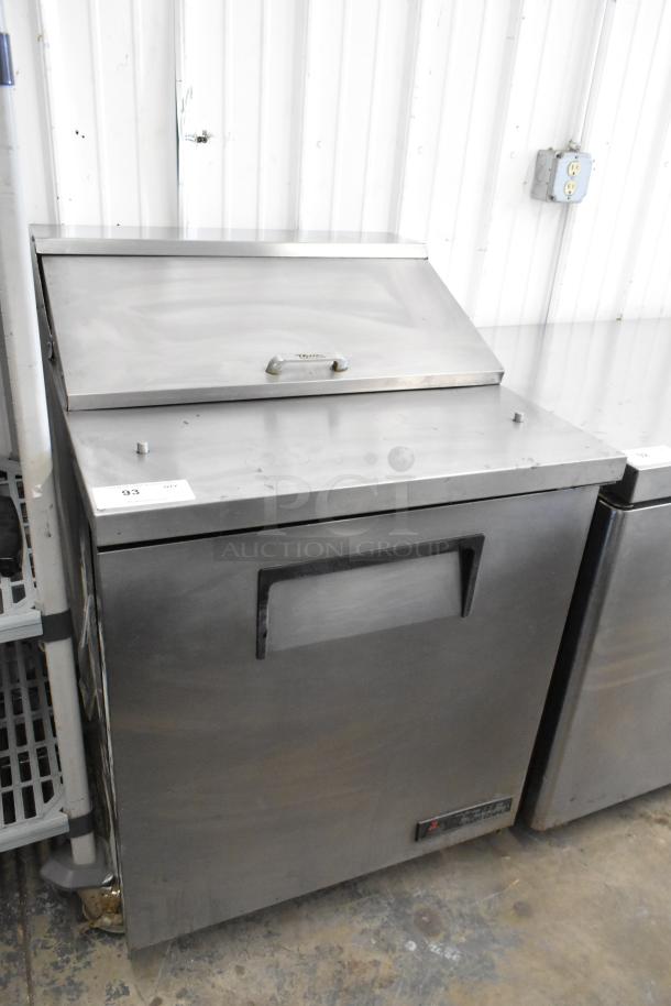 True TSSU-27-08 stainless steel sandwich prep table, commercial casters, 115V, good condition, model TSSU-27-08.
