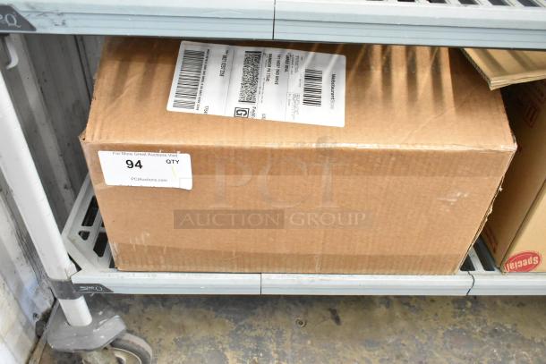 Cardboard box on shelf labeled "94 QTY," containing 2024 VacPak-It 186VSM12PRO External Vacuum Sealer, new in packaging.
