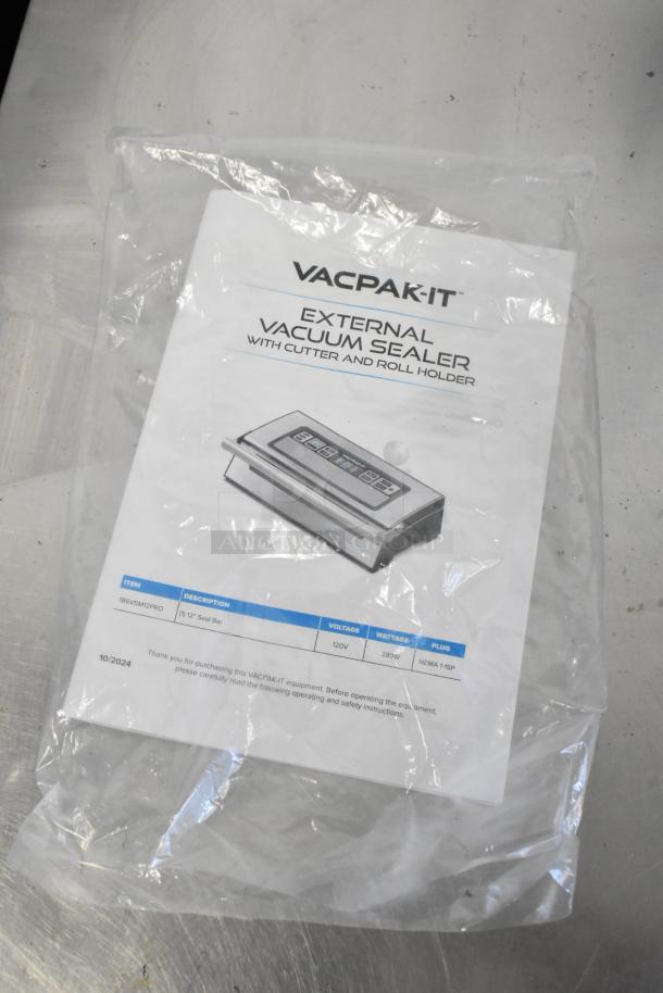 2024 VacPak-It 186VSM12PRO vacuum sealer with 12" seal bar, cutter, roll holder, 120V, 1 phase, in packaging.