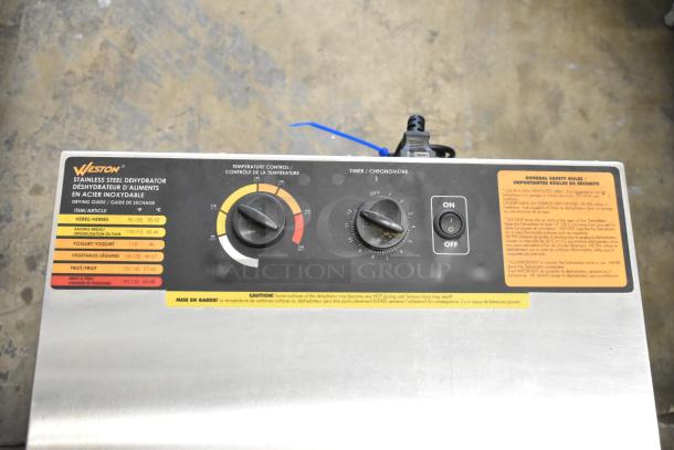 Weston Stainless Steel Countertop Dehydrator with temperature and timer controls, 120 volts, 1 phase, safety guidelines.