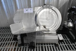 Omcan 300E Stainless Steel Commercial Countertop Meat Slicer w/ Blade Sharpener. 115 Volts, 1 Phase. - Item #1199374