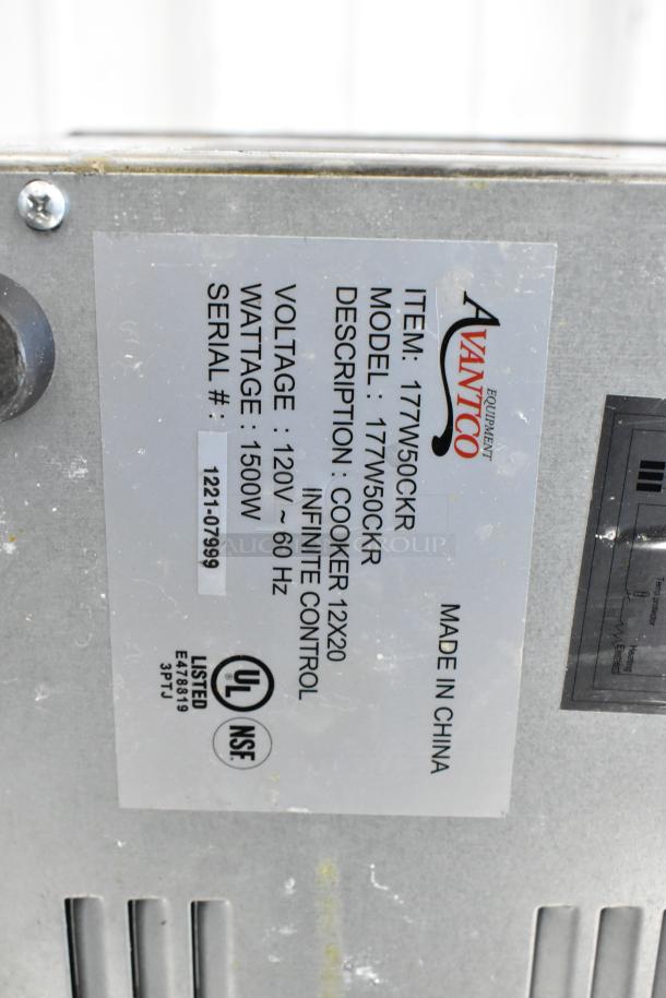 Avantco 177W50CKR stainless steel commercial food warmer, 3 drop-ins, 120V, model details visible, used condition.