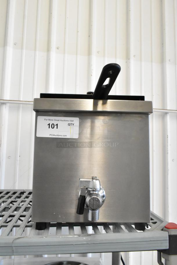 2024 Vollrath FFA8115 stainless steel electric fryer with metal basket and lid, 208-240V, 1 phase, featuring a drainage tap.