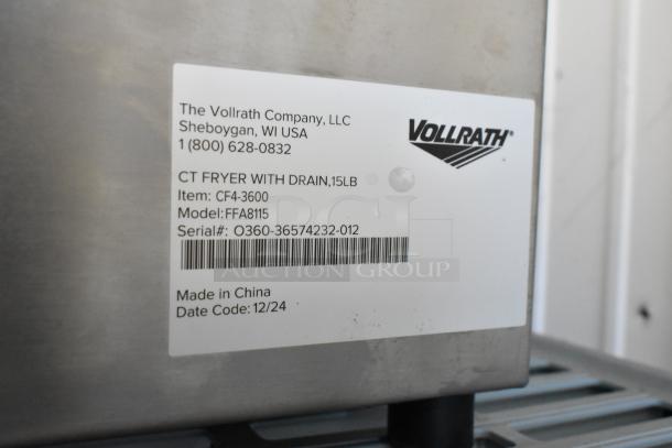 2024 Vollrath FFA8115 stainless steel electric fryer with metal basket and lid, 208-240V, 1 phase, serial #O360-36574232-012.