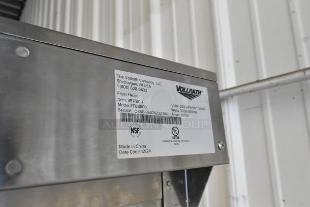 2024 Vollrath FFA8115 stainless steel electric fryer, 208-240V, with metal basket and lid; label shows model, serial number.