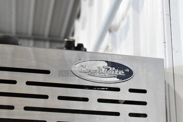 American Range commercial stainless steel gas oven with 6 burners, salamander cheese melter, and backsplash. CookRite label shown.