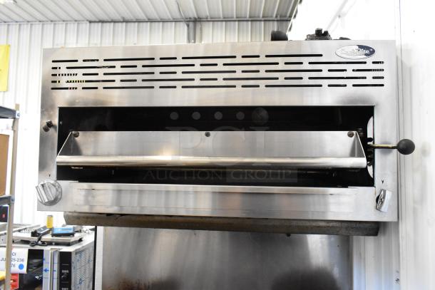 American Range stainless steel salamander cheese melter with vented front and control knob, part of a commercial range set.