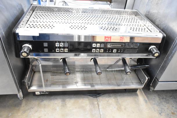 Dalla Corte Evolution 20.03 stainless steel 3-group commercial espresso machine with 3 portafilters, 2 steam wands, 220 volts.