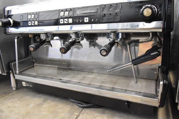 Dalla Corte Evolution 20.03 stainless steel 3-group espresso machine with 3 portafilters, 2 steam wands, 220V, commercial use.