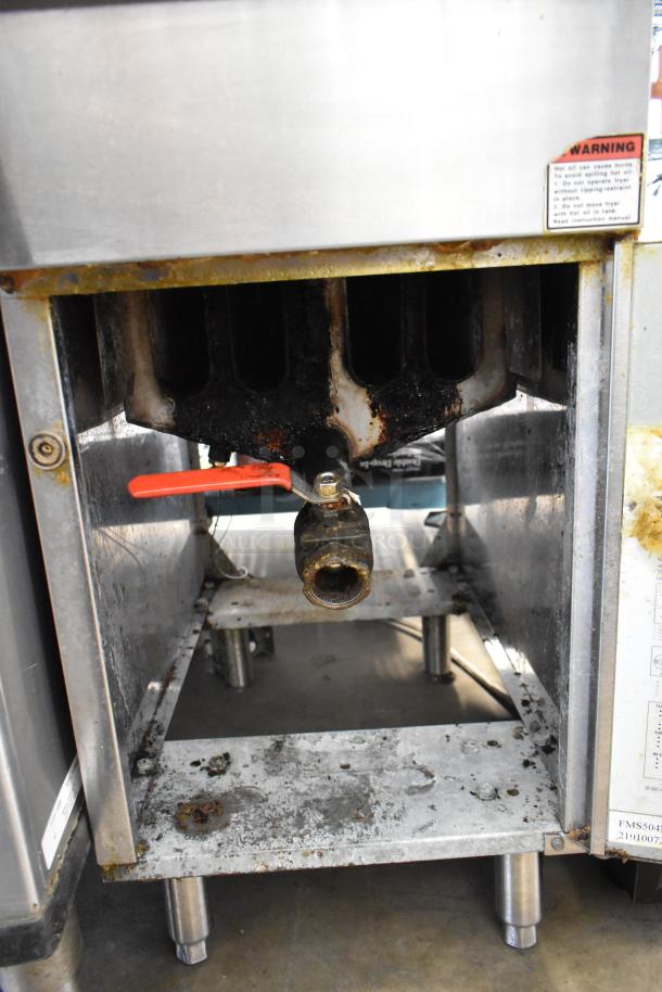 2021 Cecilware FMS504NAT stainless steel commercial gas fryer; used condition with visible wear. Warning label attached.