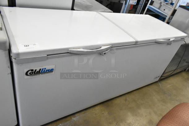 2024 Coldline CF76 metal commercial chest freezer, two hinge lids, 115 volts, 1 phase, visible brand logo, good condition.