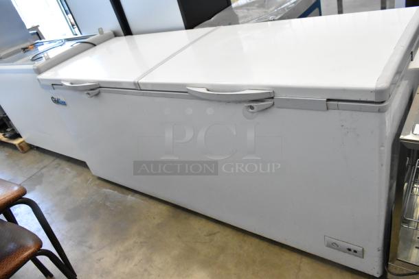 2024 Coldline CF76 metal commercial chest freezer, 2 hinge lids, 115 volts, 1 phase. Slight surface wear visible.