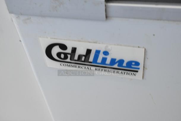 2024 Coldline CF76 metal commercial chest freezer, dual hinge lids, 115V, 1 phase. Visible Coldline logo.